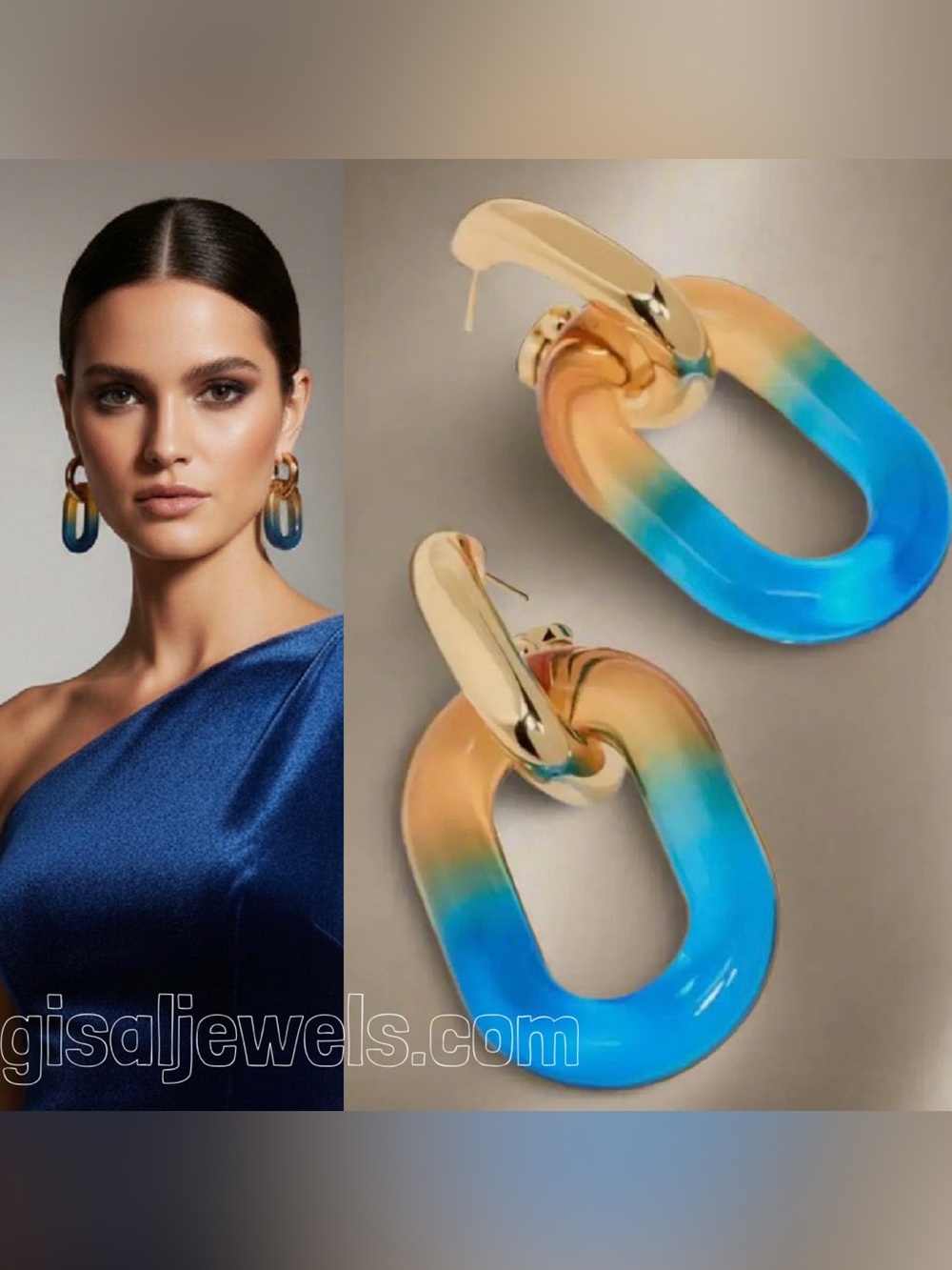 AUTHENTIC PACO RABANNE Gold Orange Blue XL Link Double Hoop Earrings NWT